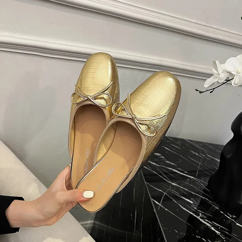 TAVIMART  -  Women Mules Concise Comfortable Casual Flats Spring Summer Office Ladies Bowtie Mules Silver Gold  Simple Shoes Woman Size 40