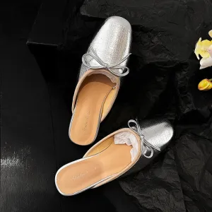 TAVIMART  -  Women Mules Concise Comfortable Casual Flats Spring Summer Office Ladies Bowtie Mules Silver Gold  Simple Shoes Woman Size 40