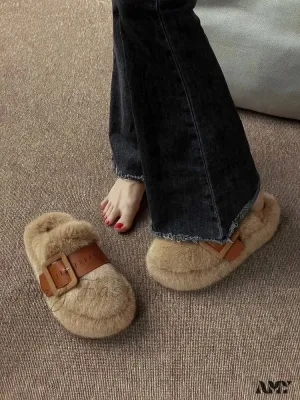 Thick Sole Fur Warm Outdoor Autumn Winter Closed Toe Half Slippers Shoes