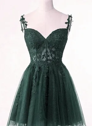 V-neckline Dark Green Tulle with Lace Short Homecoming Dress, Green Short Prom Dress