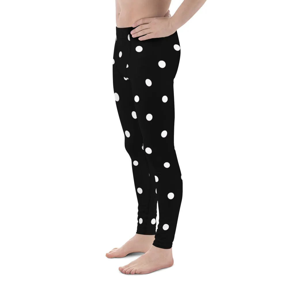 White Polka Dots Print Meggings, Premium Men's Leggings Pants With Dots -Made in USA/EU