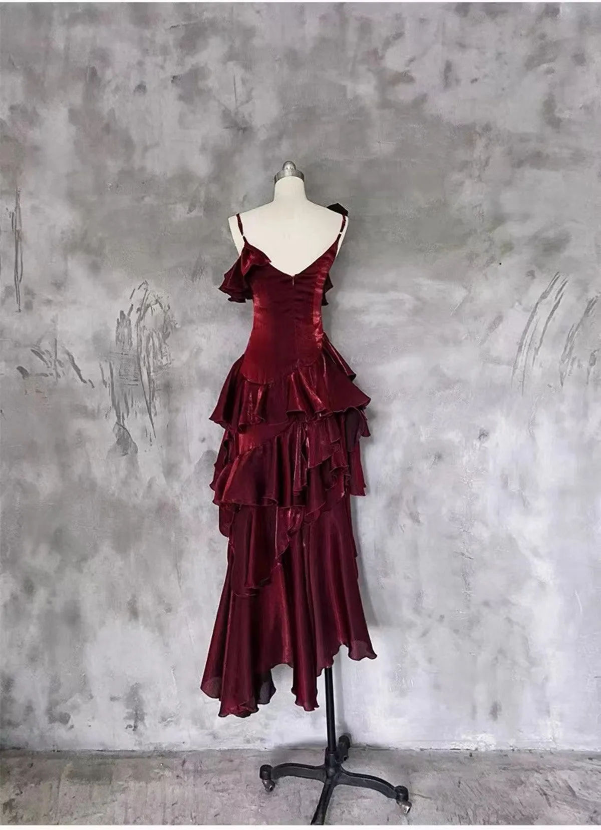 Wine Red High Low Satin Vintage Style Party Dress, Wine Red Long Prom Dress