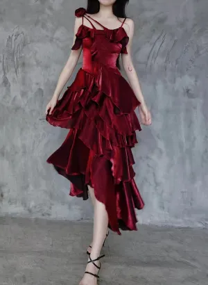 Wine Red High Low Satin Vintage Style Party Dress, Wine Red Long Prom Dress