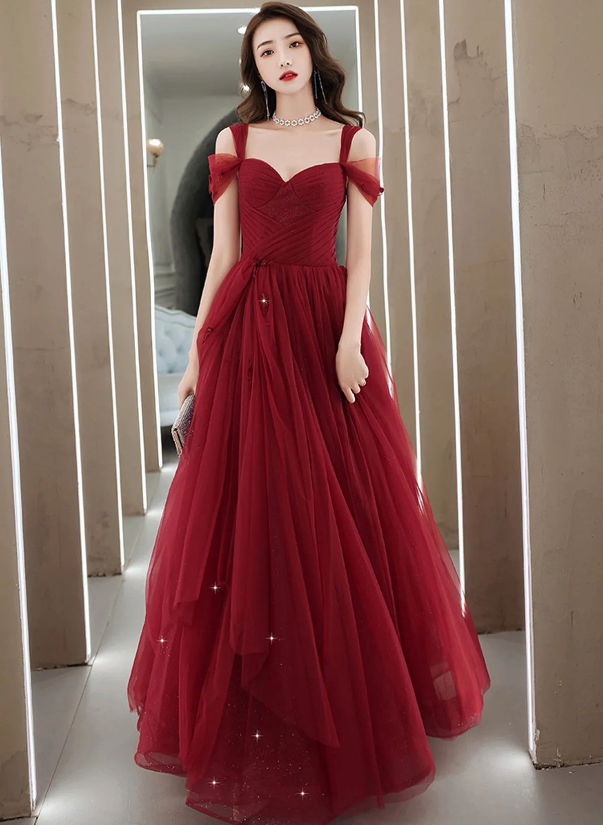 Wine Red Off Shoulder Tulle Party Dress, Wine Red Tulle Prom Dress Evening Dress