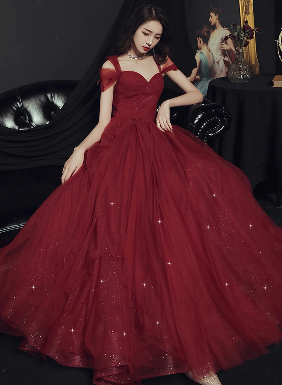 Wine Red Off Shoulder Tulle Party Dress, Wine Red Tulle Prom Dress Evening Dress