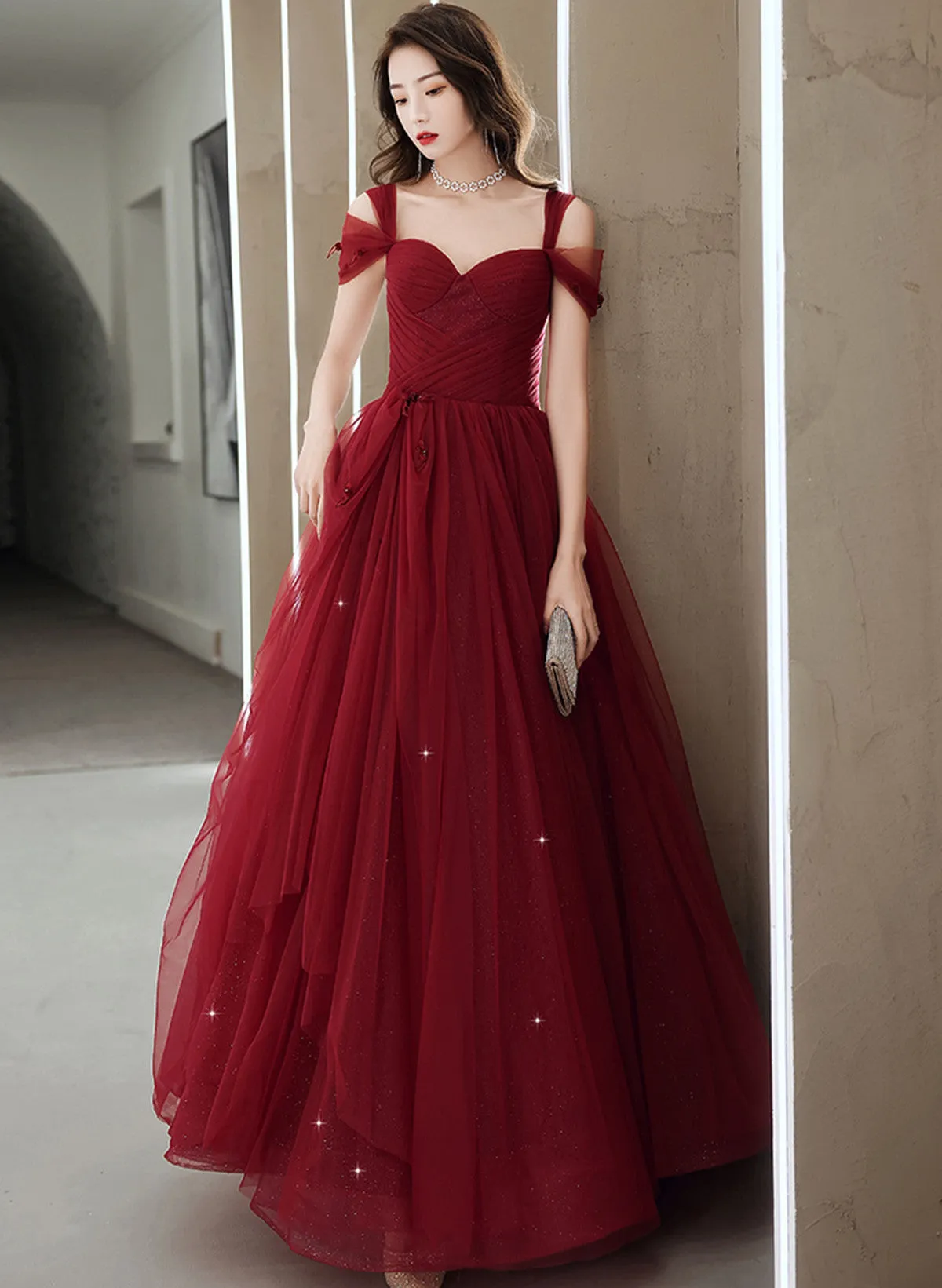 Wine Red Off Shoulder Tulle Party Dress, Wine Red Tulle Prom Dress Evening Dress