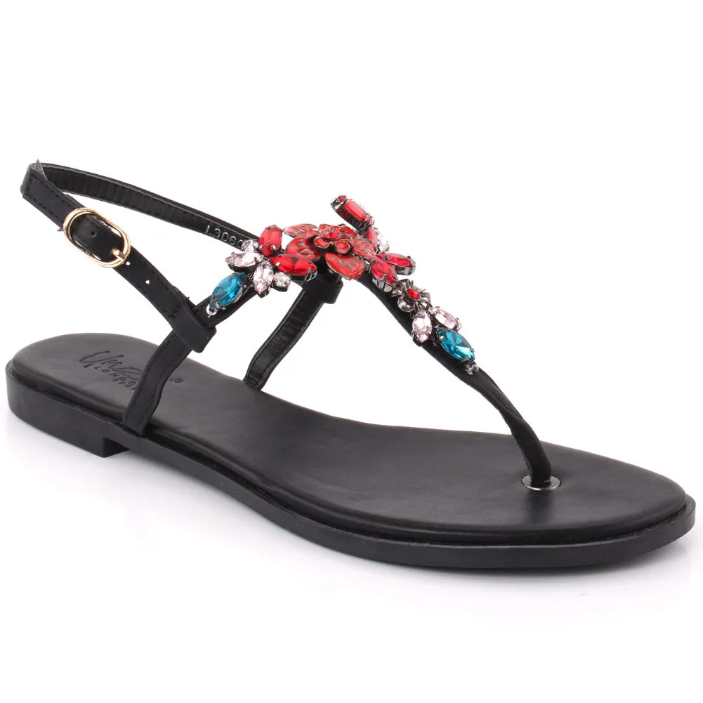 Women “ELOISE” Decorated Gemstones Thong Sling Back Sandals