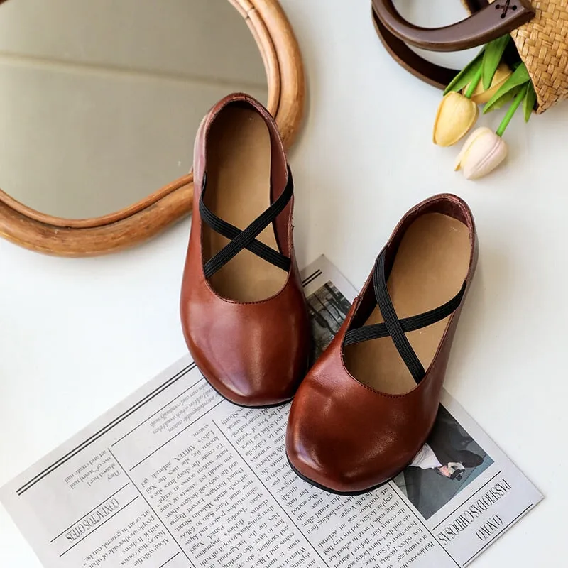 Women Handmade Leather Cross Strap Mary Jane Shoes Black/Coffee