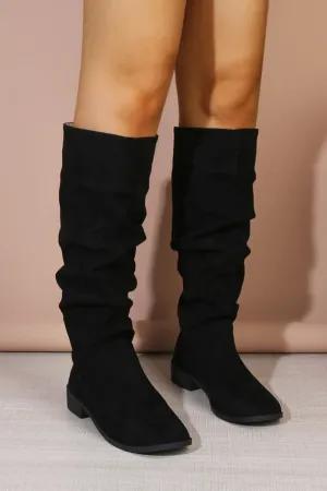 Women's Brown Mid-Calf Thick Heel Retro Style Wrinkled Slouch Boots