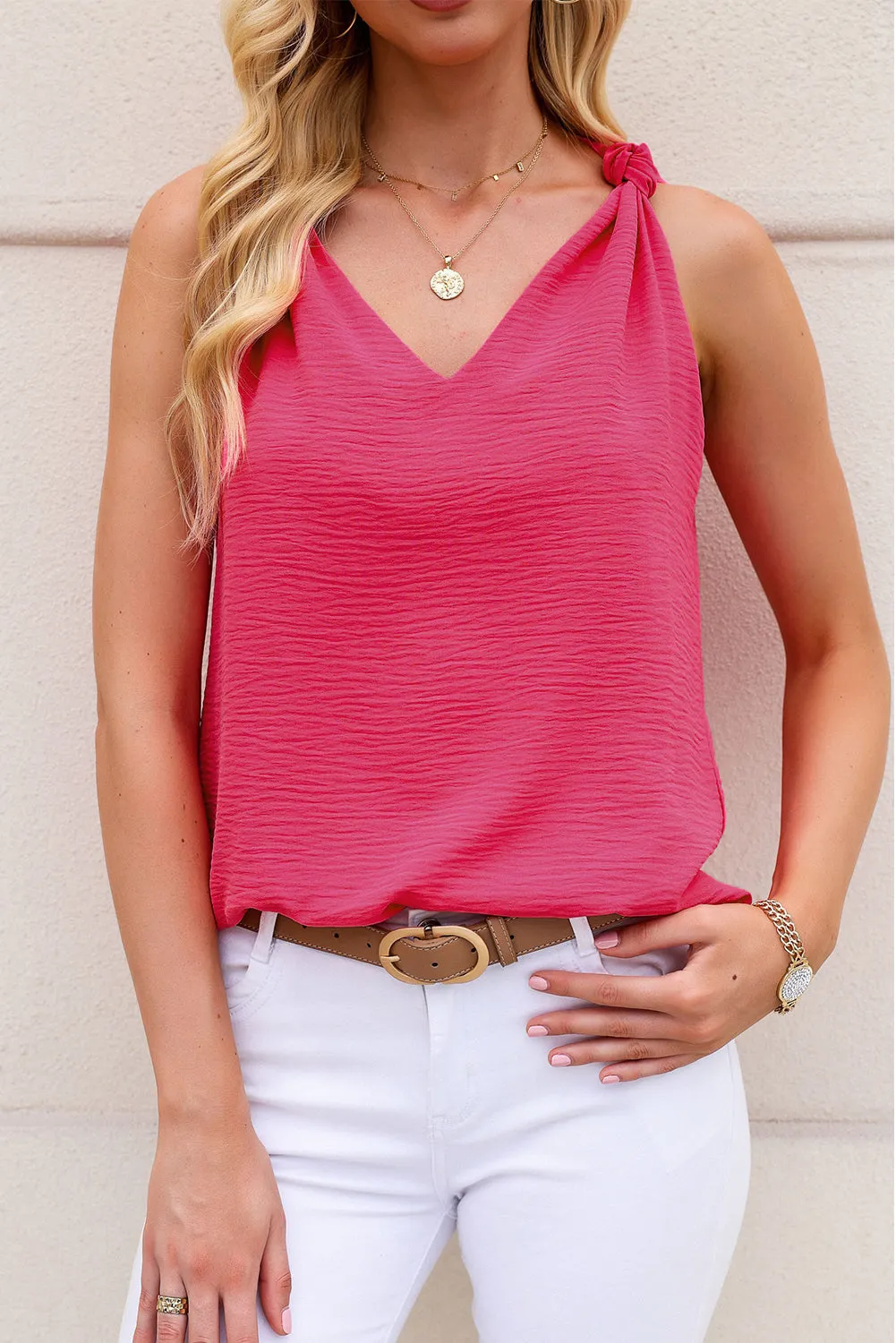 Womens Fashion Summer Tank Tops V-Neck Blouse Sleeveless Knotted Tee