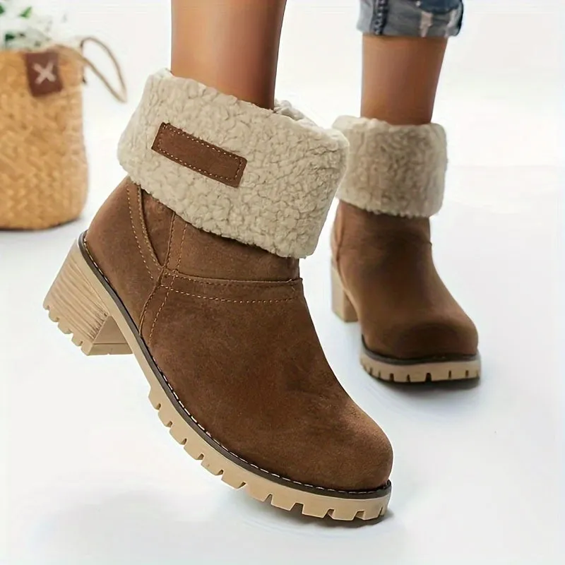 Women's Solid Color Winter Boots, Slip On Round Toe Chunky Heel Velvet Warm Fuzzy Soft Boots, Snow Comfy Outdoor Shoes