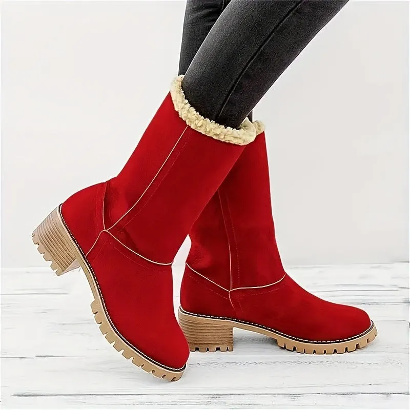 Women's Solid Color Winter Boots, Slip On Round Toe Chunky Heel Velvet Warm Fuzzy Soft Boots, Snow Comfy Outdoor Shoes