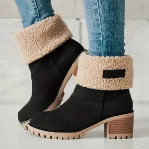 Women's Solid Color Winter Boots, Slip On Round Toe Chunky Heel Velvet Warm Fuzzy Soft Boots, Snow Comfy Outdoor Shoes