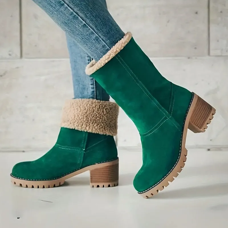 Women's Solid Color Winter Boots, Slip On Round Toe Chunky Heel Velvet Warm Fuzzy Soft Boots, Snow Comfy Outdoor Shoes